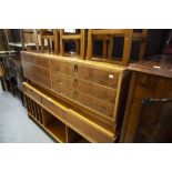 YEW WOOD LONG, LOW CHEST OF SIX DRAWERS, WITH BRASS RECESSED HANDLES, 4'9" WIDE, 1'6" HIGH