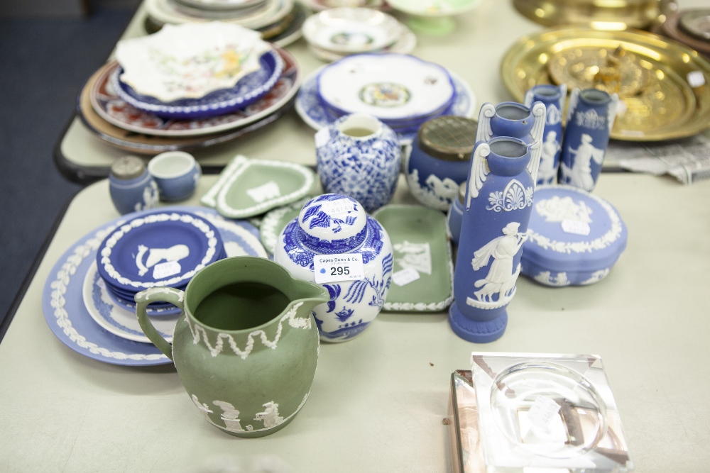 DECORATIVE CERAMICS INCLUDING; WEDGWOOD BLUE AND WHITE JASPER WARE, MAINLY PLATES AND DISHES