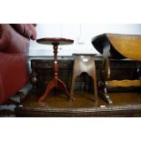 A MAHOGANY SMALL SQUARE JARDINIERE STAND; A MODERN MAHOGANY TRIPOD WINE TABLE AND AN ELM LADDER BACK