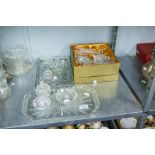 A BOXED CUT GLASS SET INCLUDING; VASES, TRINKET BOX AND COVER AND TWO DRESSING TABLE SETS