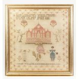 MID NINETEENTH CENTURY SAMPLER BY SARAH HOWARTH, 1835, worked in coloured threads with a view of