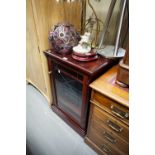 A REPRODUCTION MAHOGANY CORNER DISPLAY UNIT WITH ARCHED GLAZED DOOR AND MATCHING CABINET WITH SONY