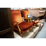 A PAIR OF PARKER KNOLL ARMCHAIRS WITH PAD BACK AND SEAT, SCROLL ARMS (2)