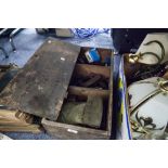 AN EARLY TWENTIETH CENTURY WOODEN BOX, CONTAINING; A R.A.C. CAR BADGE, VARIOUS TOOLS, CLAMPS, TINS