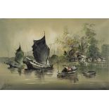 KEN ROSE (TWENTIETH CENTURY) OIL PAINTING ON CANVAS Chinese Junks, moored Signed and dated (19)85 23