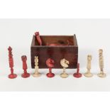 NATURAL AND RED STAINED TURNED BONE CHESS SET, height of king, 2 ¾" (7cm) high, red queen a/f,