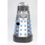 BLUE AND SILVER PAINTED MANUFACTURED BOARD AND FIBREGLASS MODEL OF A DALEK, with internal board seat