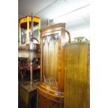 AN EARLY TWENTIETH CENTURY BEECHWOOD BOW FRONTED LOW CABINET, ALSO A REPRODUCTION YEW TREE WOOD