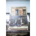 CHUI TAK HAJ COLOUR PRINT RUN DOWN CAFE SHOP FRONT SCENE TABLE AND TWO CHAIRS