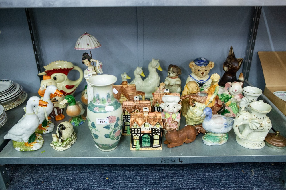 ORIENTAL POTTERY VASE, DUCK ORNAMENTS, CAT AND DOG ORNAMENTS AND VARIOUS CERAMICS