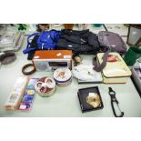 MIXED LOT TO INCLUDE; GLASS VASES, MAISTO MODEL JAGUAR S-TYPE CAR, BOXED, LADY'S HANDBAGS, DIGITAL