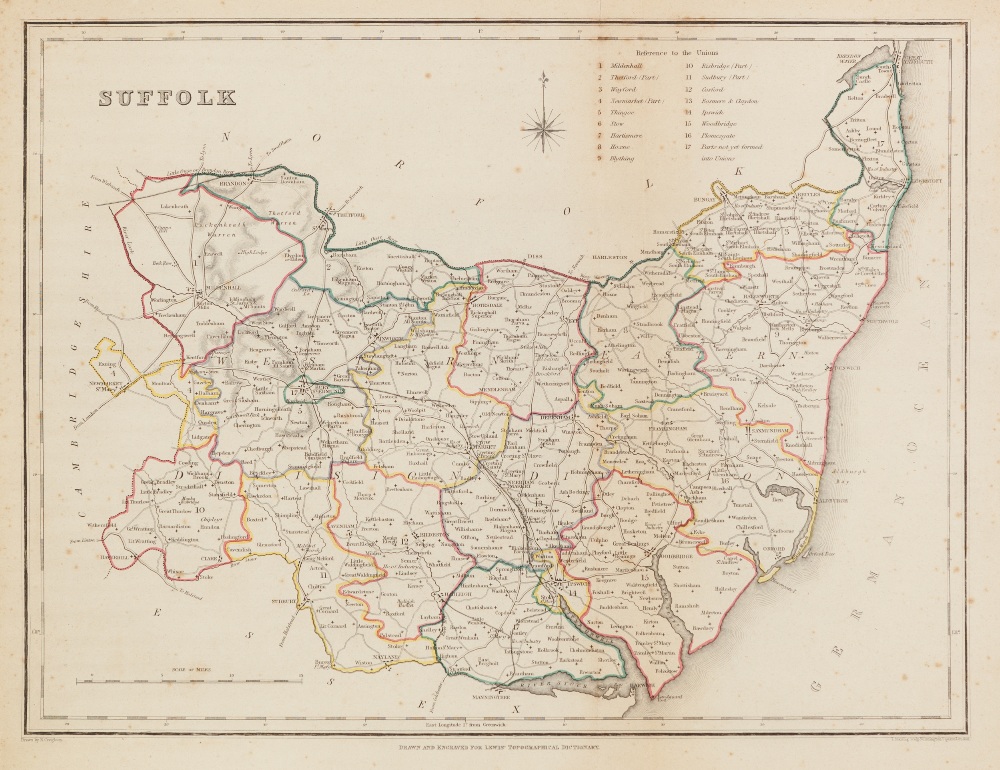 THREE ETCHINGS to include A MAP OF SUFFOLK drawn and engraved for Lewis' topographical dictionary by