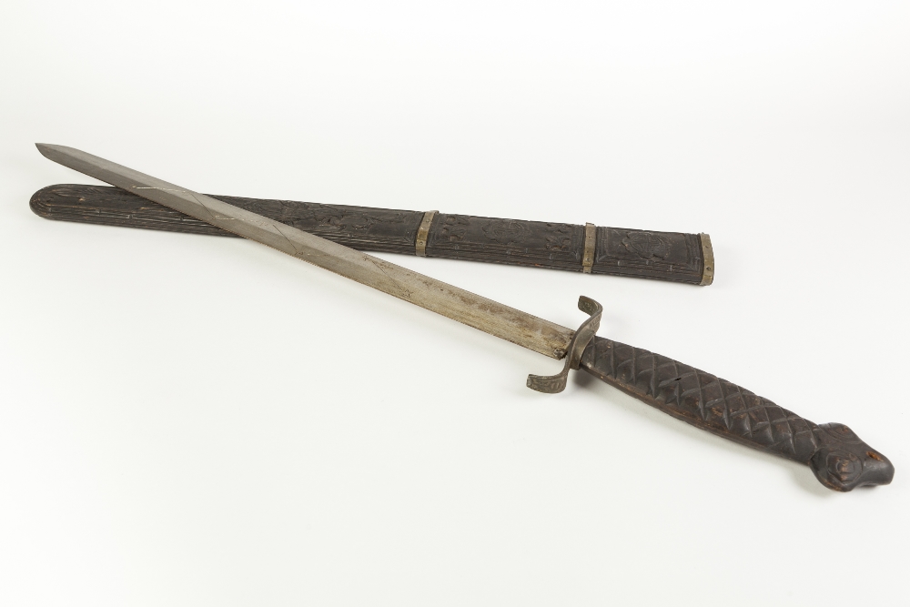 PROBABLY FAR EASTERN HUNTING SWORD, with broad straight double edged 23" blade, engraved with zig- - Image 2 of 2