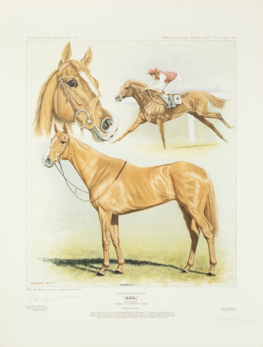 SIGNED COLOUR PRINT 'PEBBLES', Chestnut filly 1981, 'CHAMPIONS' signed limited edition print 73/850, - Image 2 of 3