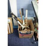 THREE SLAZENGER WOODEN TENNIS RACKETS AND A SQUASH RACKET AND A BADMINTON RACKET (5)