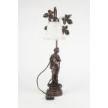 MODERN PATINATED METAL FIGURAL ELECTRIC TABLE LAMP, modelled as a semi naked female, on a circular