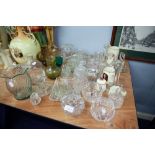 QUANTITY OF GLASS WARES TO INCLUDE; SWAN PATTERN DISHES, CANDLESTICKS, WEDGWOOD AND CO.