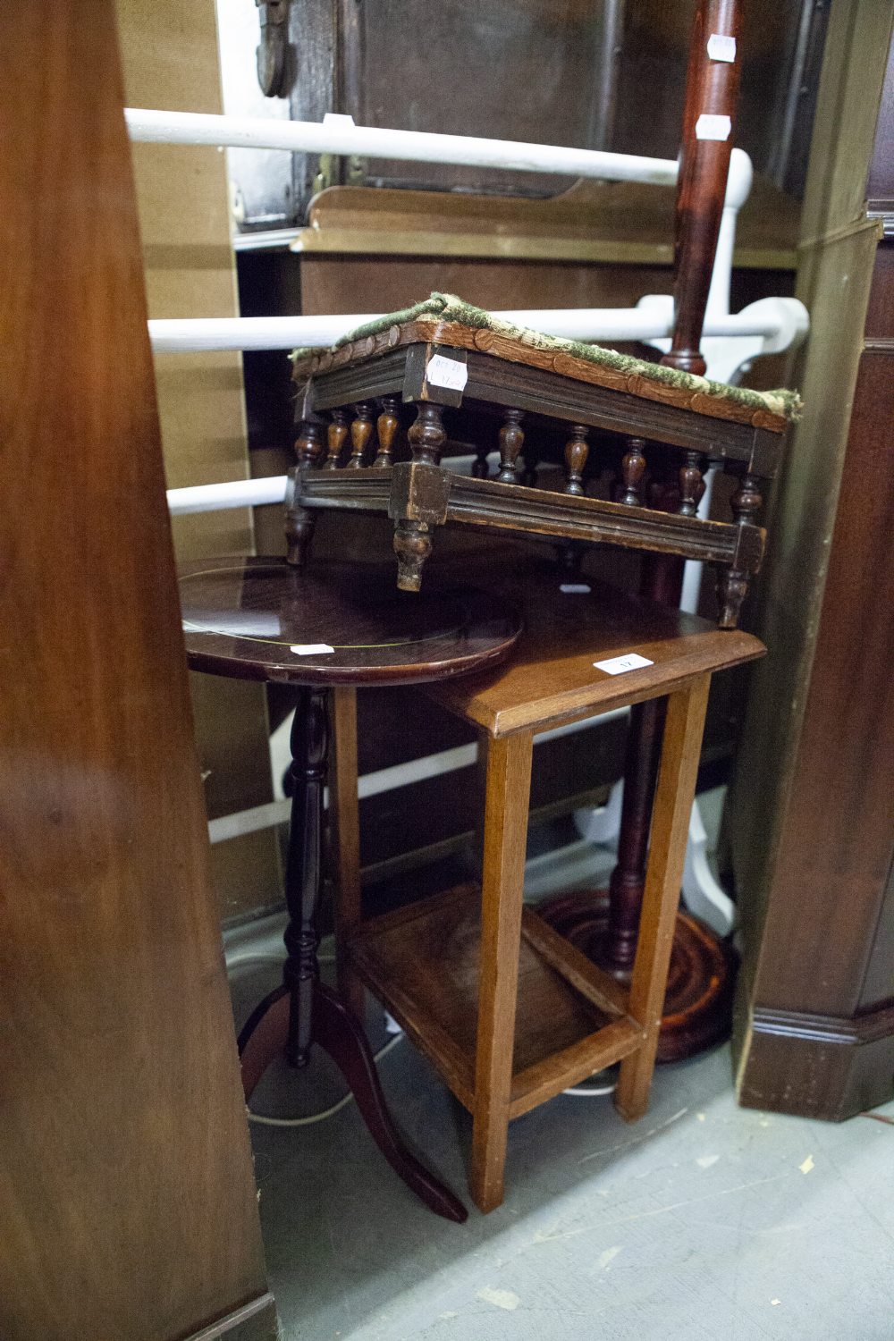 A TABOURET OBLONG FOOTSTOOL, A MODERN TRIPOD WINE TABLE, ANOTHER SMALL TABLE, AND A STANDARD LAMP