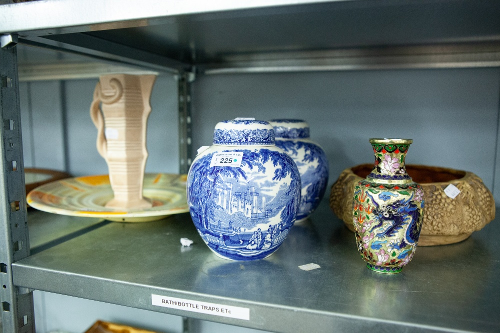 TWO MASONS VISTA GINGER JARS AND COVERS, MODERN CLOISONNE VASE AND A STUDIO ROUND BOWL (4)