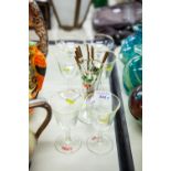 'CHERRY B' GLASS FLUTE, SET OF 12 GLASS GOLF CLUB PATTERN SWIZZLE STICKS; PAIR OF 'BABYCHAM' GLASSES