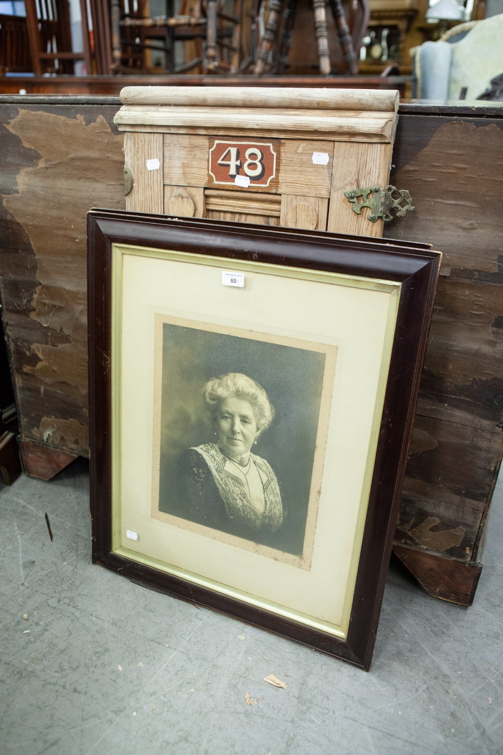 TWO FRAMED PORTRAIT PRINTS, IN MAHOGANY FRAMES AND A WOODEN PANEL DOOR (3)