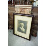 TWO FRAMED PORTRAIT PRINTS, IN MAHOGANY FRAMES AND A WOODEN PANEL DOOR (3)