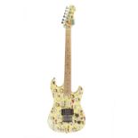 ELECTRIC SIX STRING GUITAR with two tone and volume knobs, yellow body pictorially printed with '