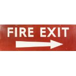 RED ENAMELLED METAL LARGE 'FIRE EXIT' OBLONG WALL SIGN, with arrow and two mounting holes to the