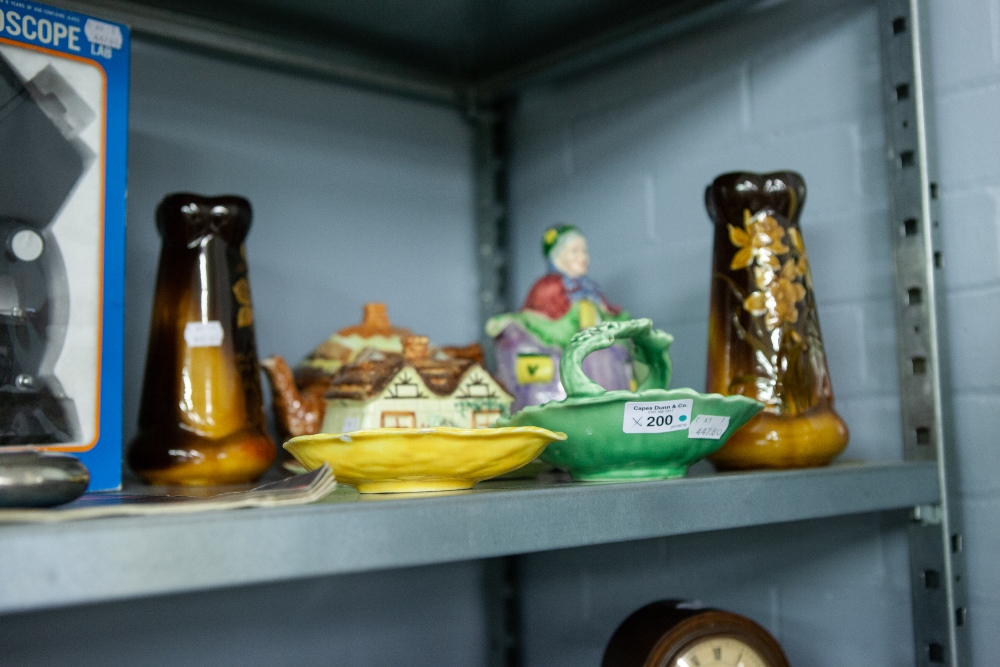 POTTERY COTTAGE TEAPOT AND BUTTER DISH AND COVER, WOODS POTTERY BURSLEM FIGURE TEAPOT, SYLVAC BASKET