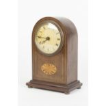 EDWARDIAN INLAID MAHOGANY SMALL MANTLE CLOCK, the 3 ¼" Roam dial powered by a drum shaped movement