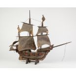 MODERN PAINTED SOFTWOOD MODEL OF A GALLEON, with fabric sails, 22" (55.9cm) high, on wood stand,