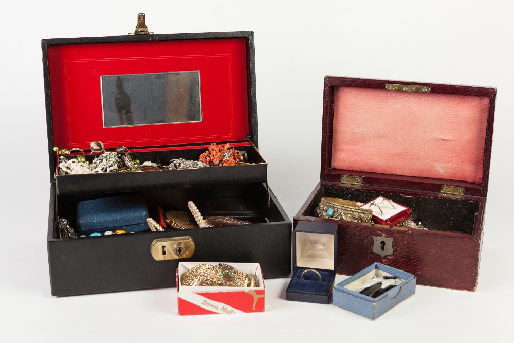 TWO VINTAGE BOXES - BOTH CONTAINING A LARGE COLLECTION OF COSTUME JEWELLERY TO INCLUDE; BANGLES,