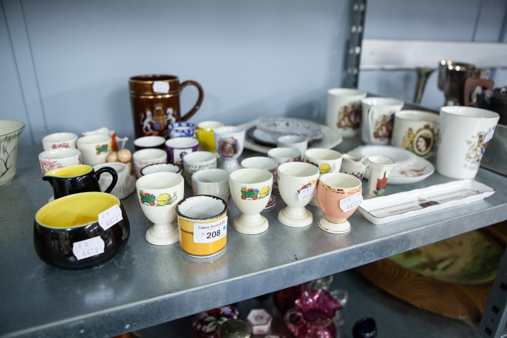 MIXED LOT OF CERAMICS TO INCLUDE; NOVELTY EGG CUPS, COMMEMORATIVE CUPS, PLATES ETC.....