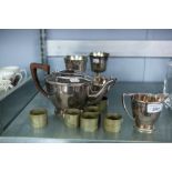 A COLLECTION OF ELECTROPLATE TO INCLUDE; MAPPIN AND WEBB 3 PIECE COFFEE SERVICE, GOBLETS, NAPKIN