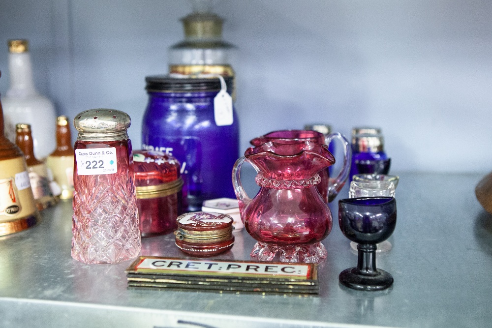 CLEAR GLASS CHEMIST'S JAR LABELLED 'FERRI SULPH : GRA :', A SELECTION OF CRANBERRY AND OTHER GLASS