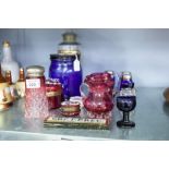 CLEAR GLASS CHEMIST'S JAR LABELLED 'FERRI SULPH : GRA :', A SELECTION OF CRANBERRY AND OTHER GLASS