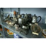 QUANTITY OF METAL WARES, THREE PIECE HAMMERED COFFEE SET OF FOUR PIECES, E.P. SET, TOAST RACKS,