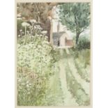 F. SHENTON (TWENTIETH CENTURY) WATERCOLOUR DRAWING 'Hogweed', country garden with figure and out