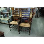 A PAIR OF REPRODUCTION OAK CARVED CHAIRS, LADDER BACKS WITH RUSH SEATS (2)