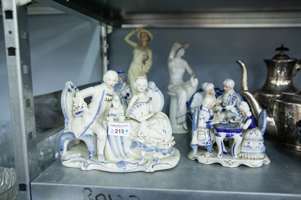 A COLLECTION OF FIGURAL GROUPS, GALLANTS AND LADIES DINING AND CONVERSING AND TWO FEMALE