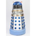 SILVER AND BLUE PAINTED MANUFACTURED BOARD AND FIBREGLASS MODEL OF A DALEK, with white metal