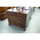 A SMALL LATE GEORGIAN MAHOGANY CHEST OF TWO SHORT AND THREE LONG DRAWERS WITH REPLACED BRASS SWAN