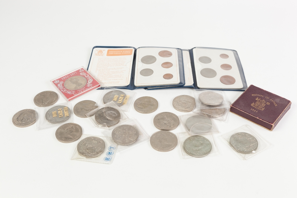 CASED FESTIVAL OF BRITAIN CROWN COIN, 1951, together with THREE CHURCHILL CROWNS, FIFTEEN MODERN