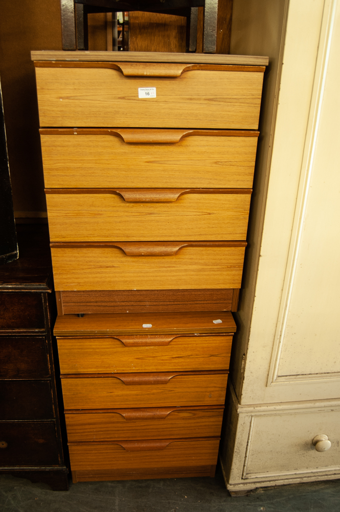 PAIR OF TEAK FINISH FOUR DRAWER BEDSIDE CHESTS OF DRAWERS, 1'8" WIDE