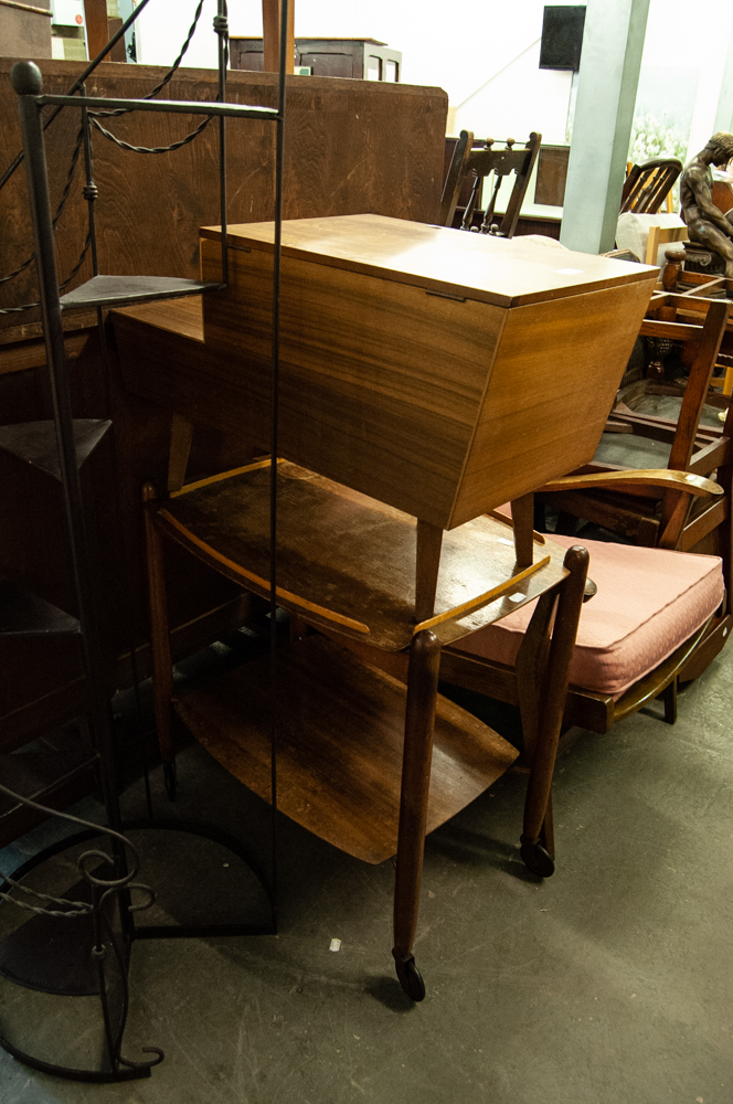 TEAK TWO TIER TEA TROLLEY WITH LIFT-OFF TRAY TOP AND A TEAK LOW STEP TOP WORKBOX/TELEPHONE STAND