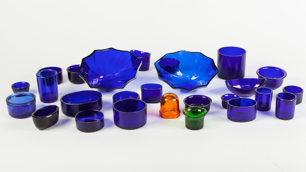 TWENTY TWO BLUE GLASS LINERS, mainly for condiments, and two others in AMBER AND GREEN GLASS (24)