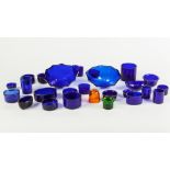 TWENTY TWO BLUE GLASS LINERS, mainly for condiments, and two others in AMBER AND GREEN GLASS (24)