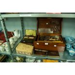 WOODEN BOX CONTAINING VARIOUS OLD TOOLS; TWO SMALL WOODEN BOXES; ETC.