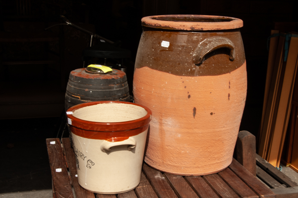 LARGE EARTHENWARE POT WITH HANDLES, A SMALLER POT WITH 'MAYPOLE DAIRY CO LTD' INSCRIPTION AND A