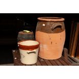 LARGE EARTHENWARE POT WITH HANDLES, A SMALLER POT WITH 'MAYPOLE DAIRY CO LTD' INSCRIPTION AND A